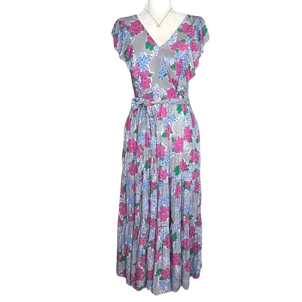 crown & ivy Dress Women's Hello Spring Flutter Sleeve Floral Midi Pink Blue 2 XS - Picture 17 of 17